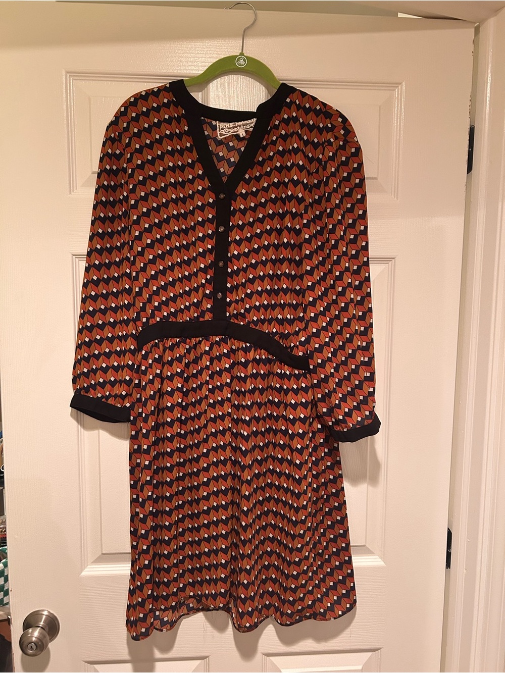 Geometric Print Long Sleeve Dress - Black & Rust